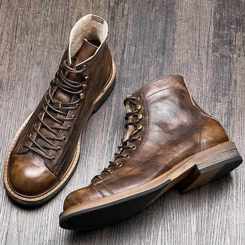 Retro Big Round Toe Mens Work Boots British Style Cool Leather Lace Up Mens Autumn Winter Casual Shoes W250811