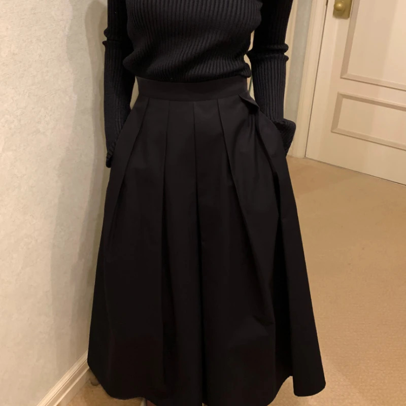 REALEFT Vintage Womens Pleated Skirts 2025 Spring Summer Korea Style High Waist Solid Straight A-line Midi Skirts Female 250811
