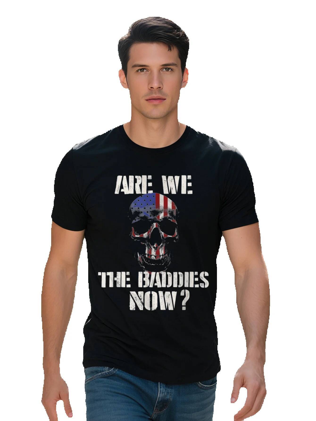 Men s g Cotton T Shirt Are We The Baddies Now Patriotic Distressed Flag Graphic Political Satire Protest 9098e