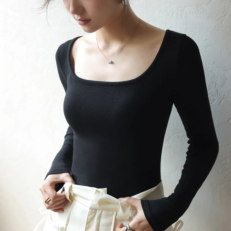 Slim Modal Cropped Square Neck Top Women Long Sleeve T Shirts Essentials MXL 250811