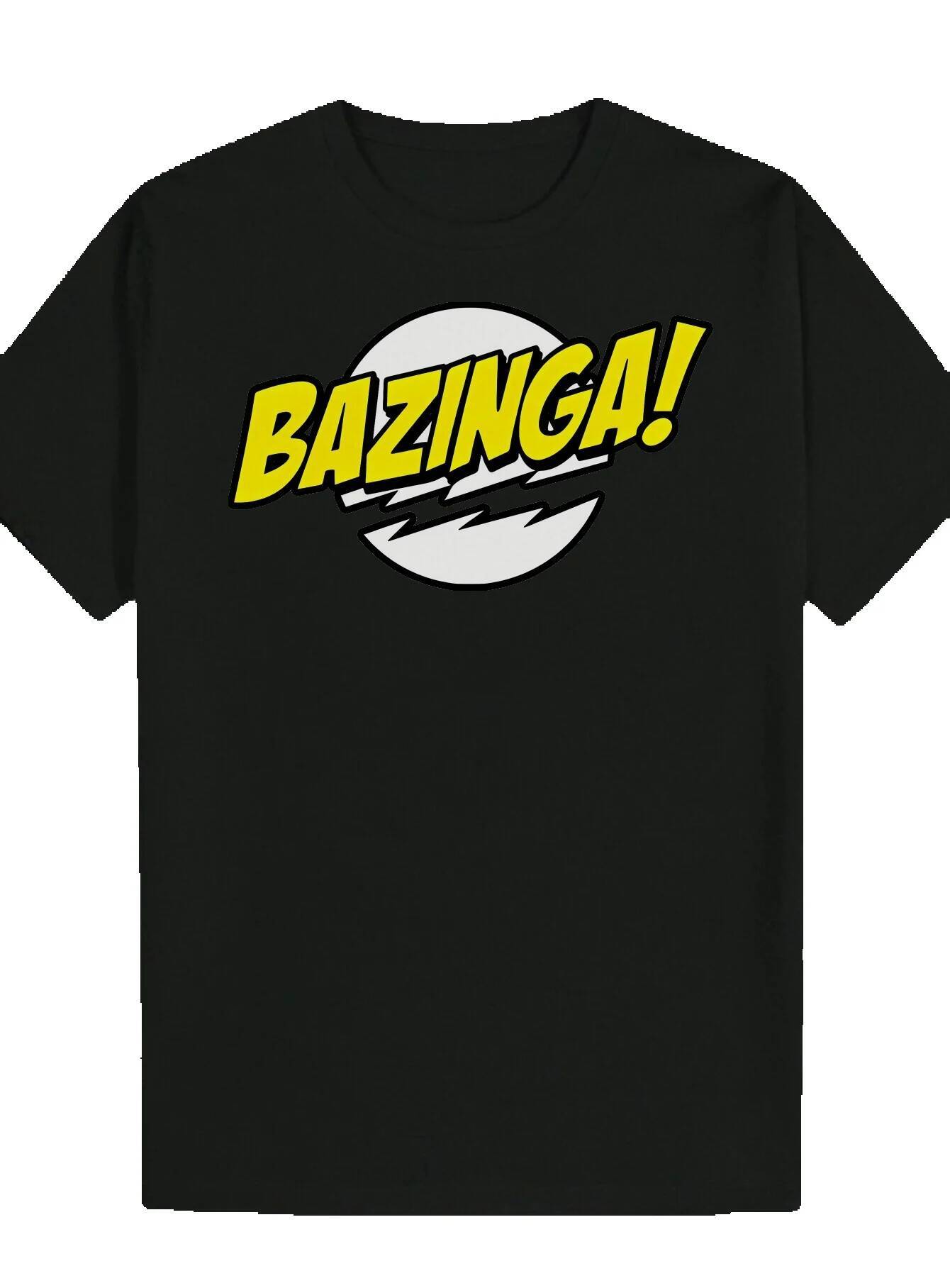 Men's Casual Pattern T-Shirt - Black, Bold 'Bazinga' Lightning Bolt Design, 100% Polyester, Regular Neck, Machine Washable, Breathable 