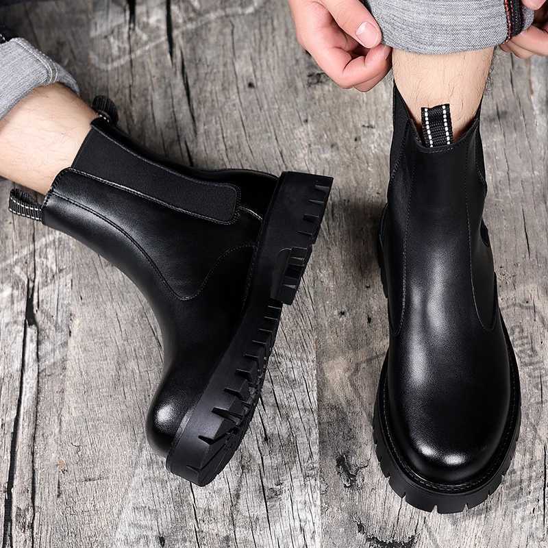 Brand Classic Black High Top Boots Men High Heel Genuine Leather Ankle Chelsea Boots Men British Style Thick Sole Mid Top Boots W250811