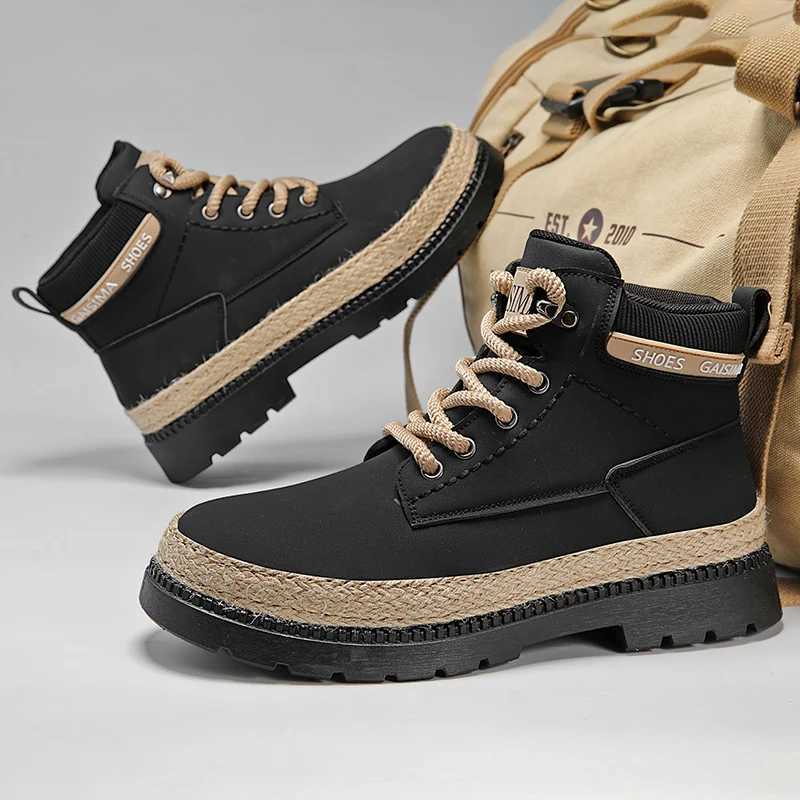 2024 Comfort Platform Boots for Men Trendy High Top Leather Boots Men Casual Hiking Shoes Autumn Fashion Yellow Work Boots Men W250811