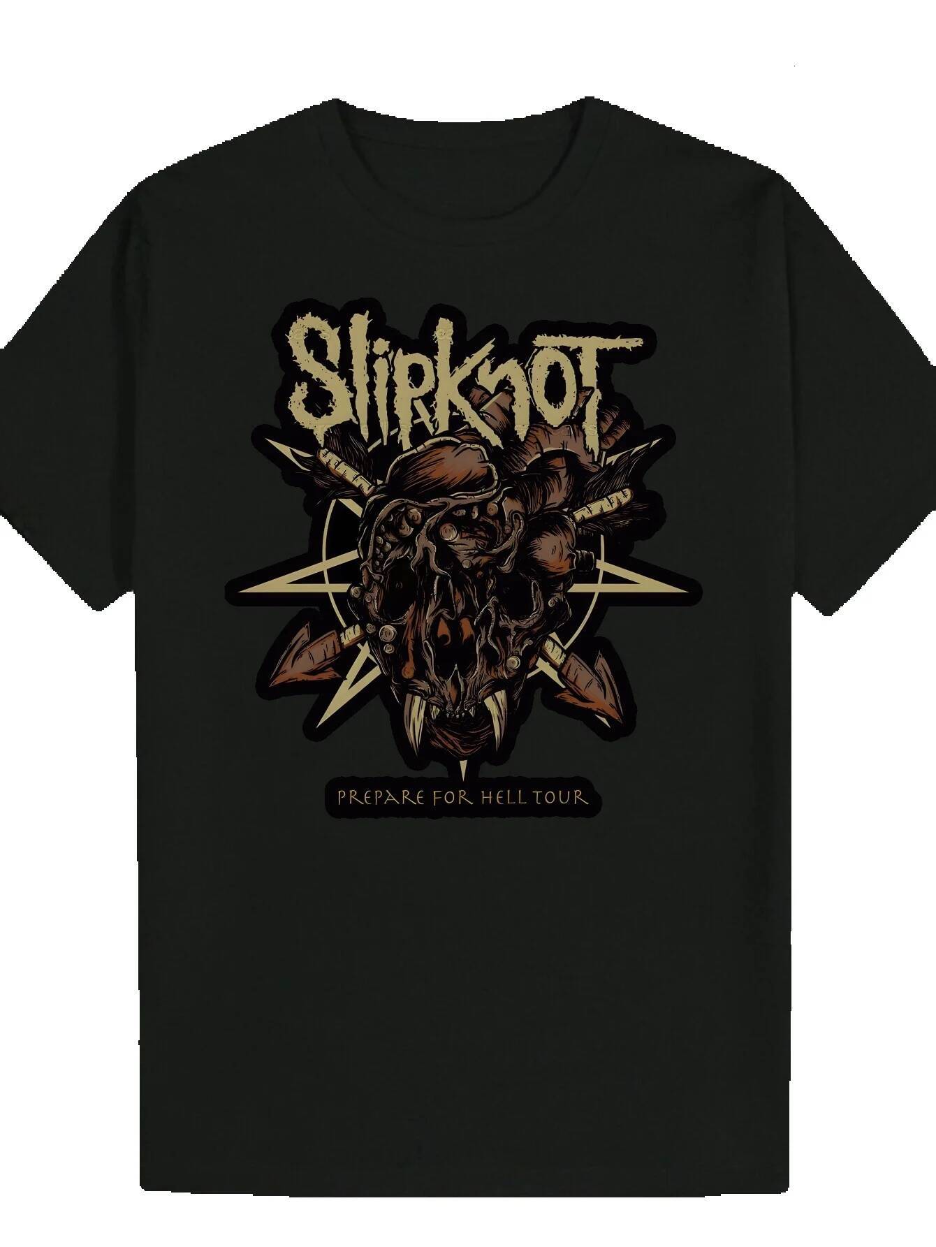 Men's Crew Neck T-Shirt, and Star Design - "SlirKnot" Print, Black Polyester, Summer Style, Regular Fit, Casual Wear Skull Print Top | 