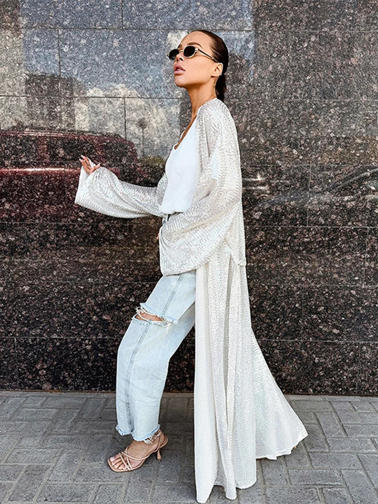 Sequin Oversized Maxi Cardigan Coat Women Open Front Long Sleeve Party Evening Outerwears Autumn Chic Casual Loose Fit Top 250804
