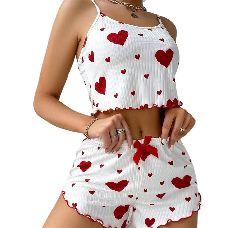 New Knitted Sweet European and American Design Pure Desire 2024 Ribbed Heart Print Women's Pajamas Camisole Summer Shorts