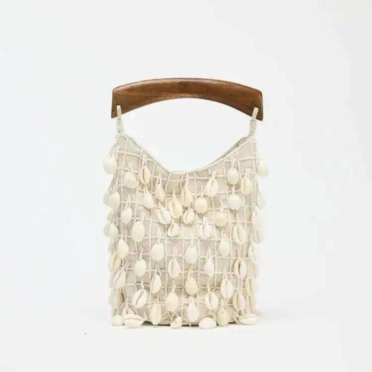 BEADED FABRIC BUCKET BAG, Designer Hollow Out Handbags, Women's Leisure Outdoor Bag with Conch
