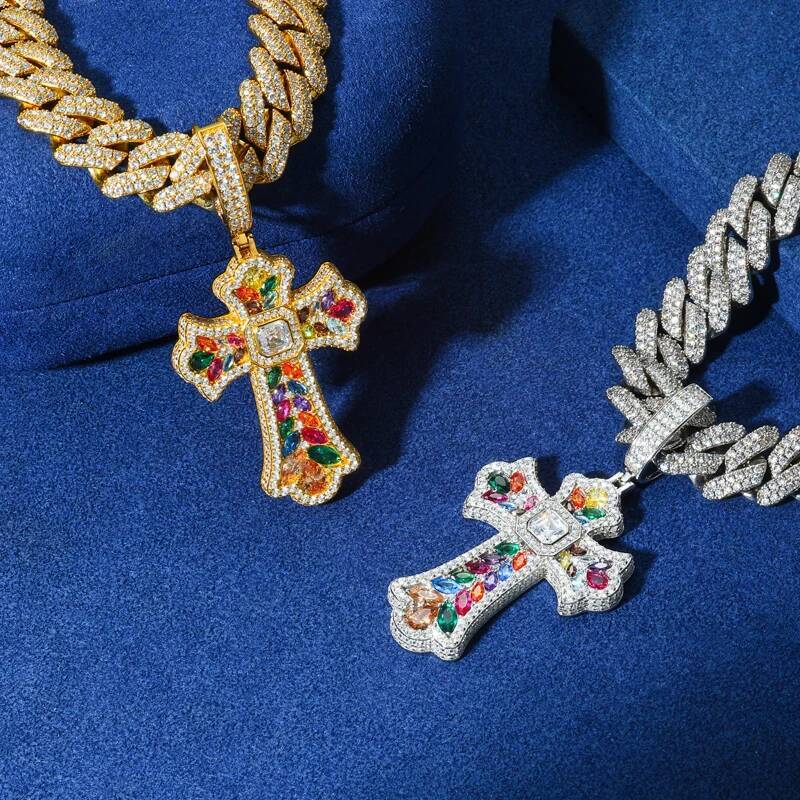 New Moissanite Rainbow Prismatic Cross Pendant Necklaces for Women Men Solid 925 Silver Pendant Charms Hip Hop Colorful Jewelry