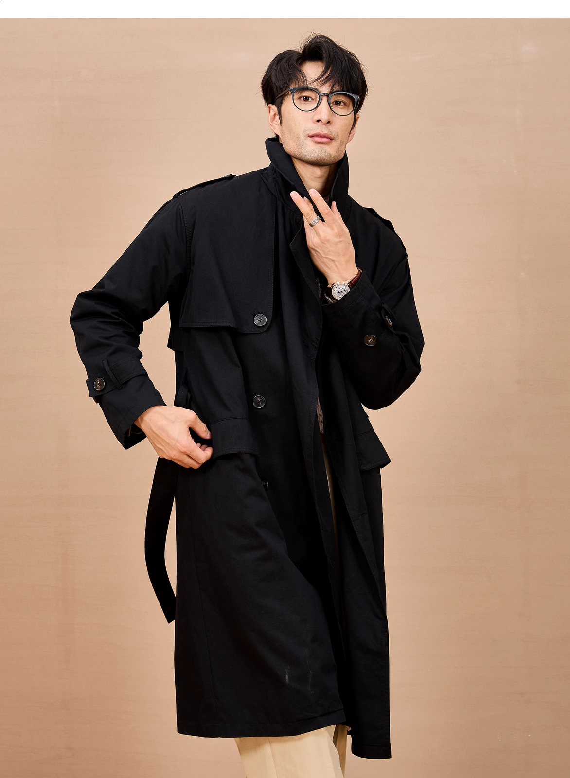 Mauroicardi Spring Autumn Long Black Khaki Trench Coat Men Shoulder Pads Double Breasted Chic British Style Fashion Clothes 2025 250729