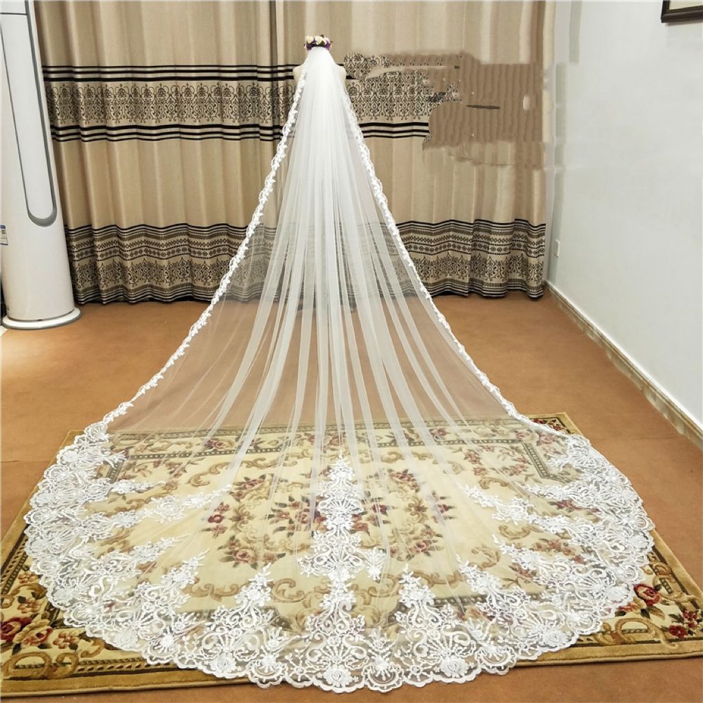 Elegant One Layer Cathedral Length Wedding Veils Lace Edge Bridal Veils with Comb Appliqued Marriage Accessories