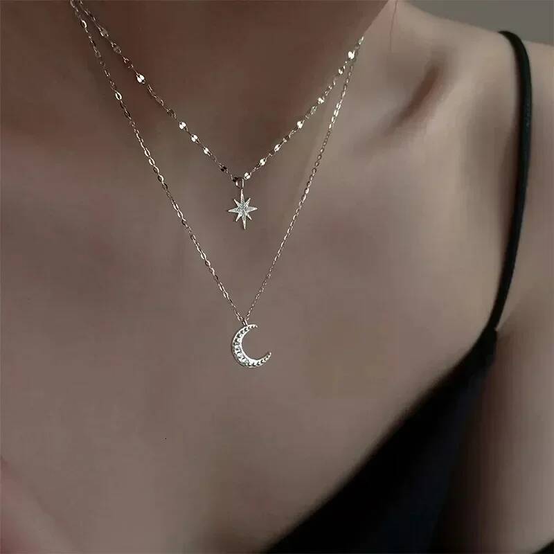 New Fashion Sier Color Double Layer Star Moon Necklace for Women Charm Delicate Zircon Stainless Steel Choker Chain Jewelry