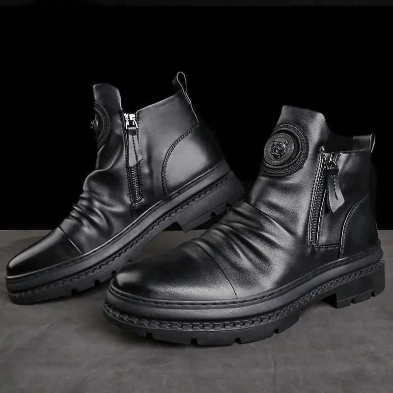 Mens Motorcycle Leather Boots British Style Round Head High Top Shoes Side Zip Walking Casual Platform Boots Mens Boots W250811