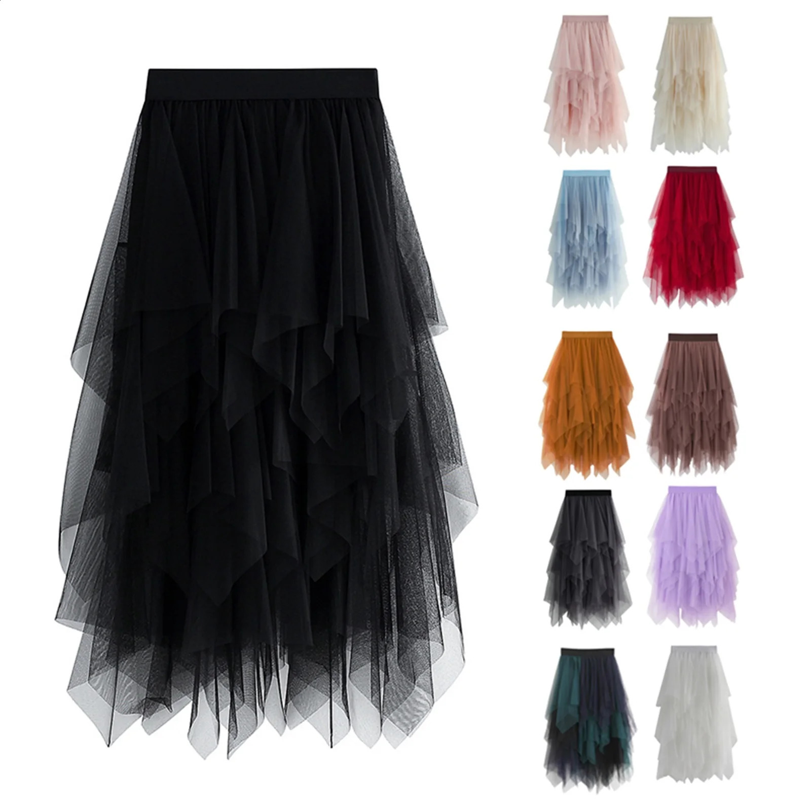 Fairycore Ladys Fashionable Sexy Solid Color Mesh Skirt Irregular Elastic Tulle Bubble Skirt Daily Life and Vacation 250809