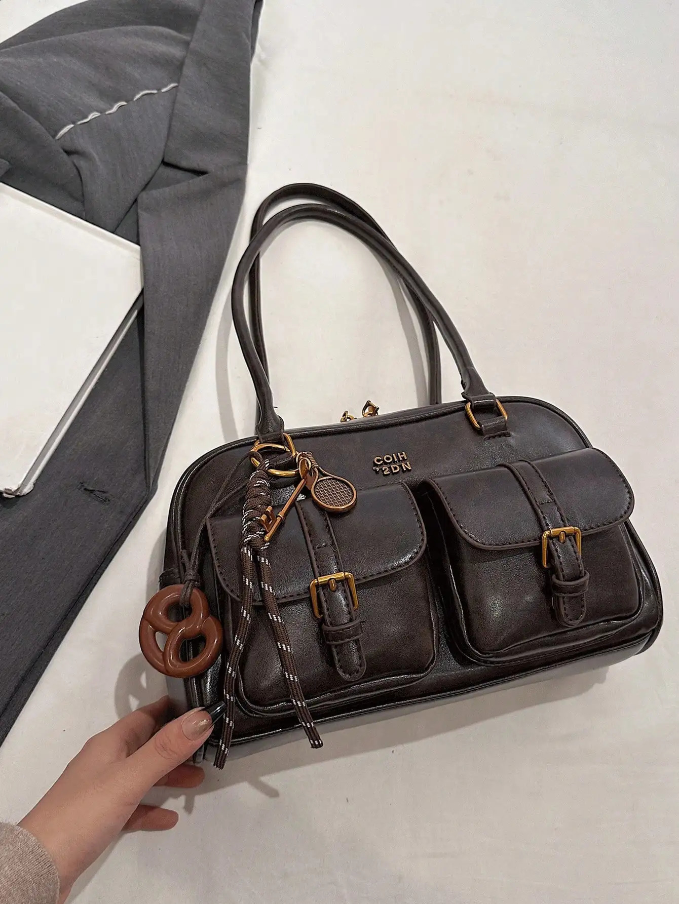 Vintage Brown Tote Bag for Women Crossbody Shoulder Bag with Metal Buckles Keychain Stylish Spacious Daily Purse 250809
