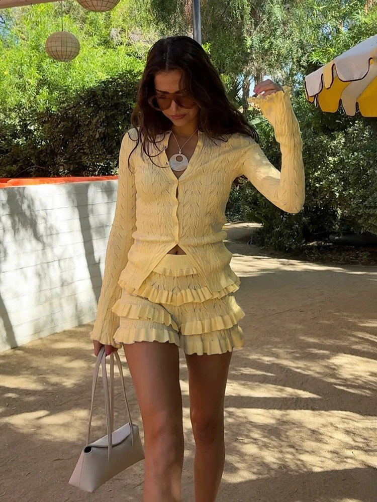 TARXUXY Knitted Cardigan Shorts Suit Womens Long Sleeve Sexy Hollow Top Fashion Slim Shorts Ruffles Splice Female Shorts Sets 250804