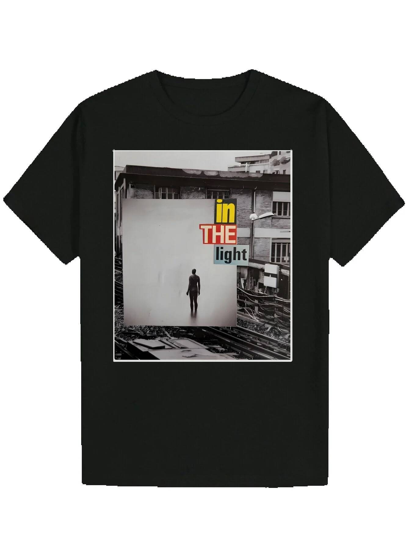 Men's Summer Graphic - Round Neck Polyester T-Shirt with 'IN THE LIGHT' Print, Black, Lightweight and Breathable, Suitable for Casual W