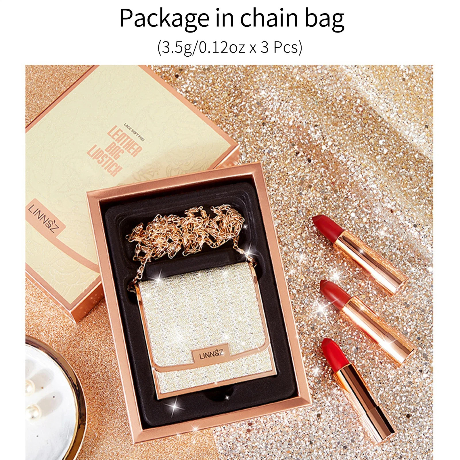 Matte Lipstick Set 3 Colours with Silver Chain Bag Waterproof Non-Stick Long Lasting Makeup Red 3.5gx3pcs for Women and Girls 250809
