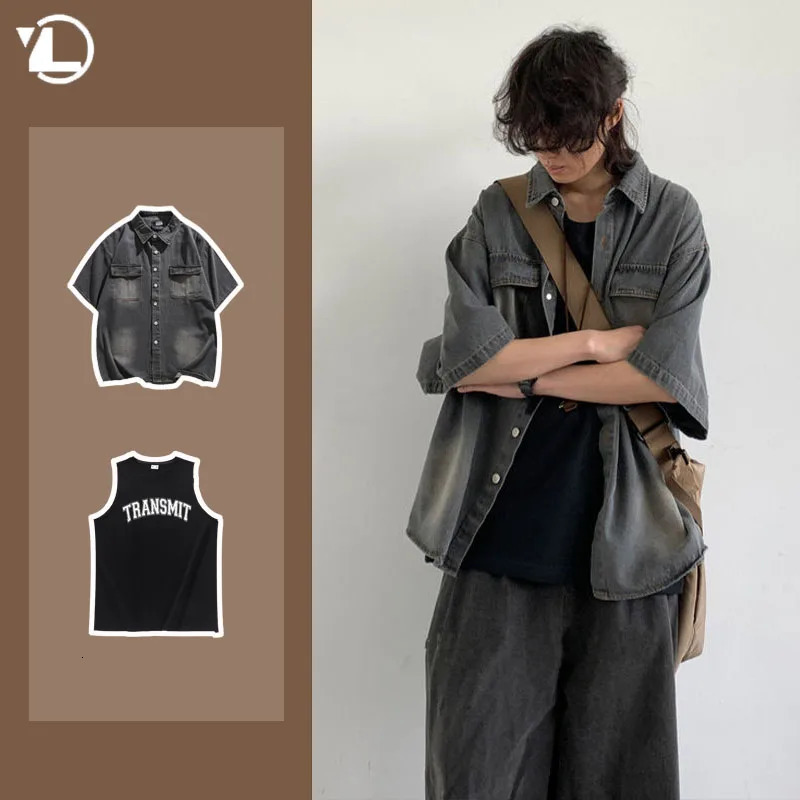 College Retro Mens Two Piece Set Hip Hop Washed Tooling Denim ShirtLetter Printed Sleeveless Top Set Street Harajuku Suit Y2K 250811