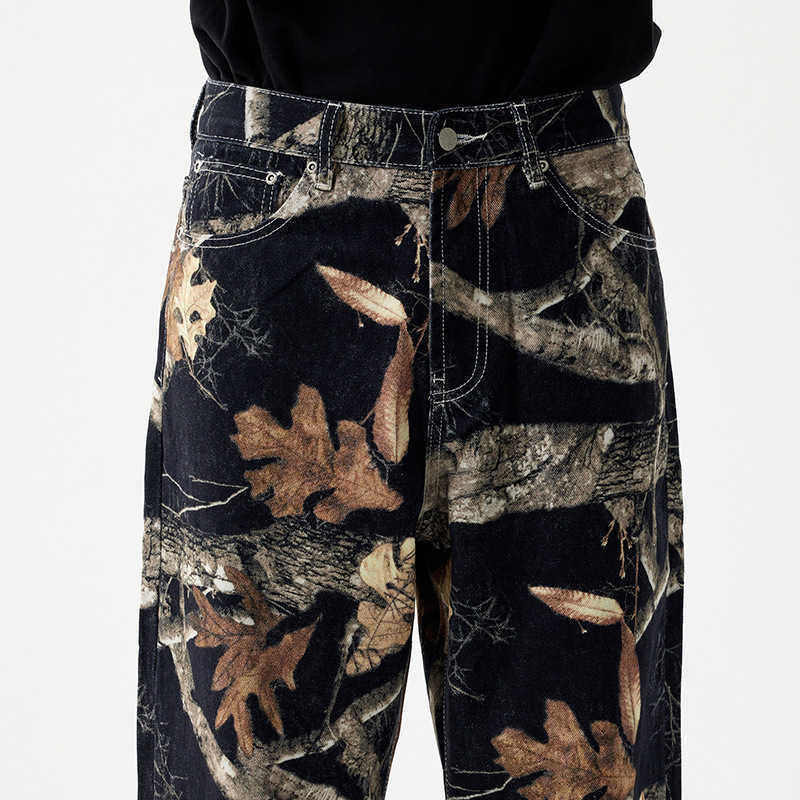Popular loose straight wide-leg denim printed graffiti black tree branch fallen leaves trendy street style denim pants for men Z250605
