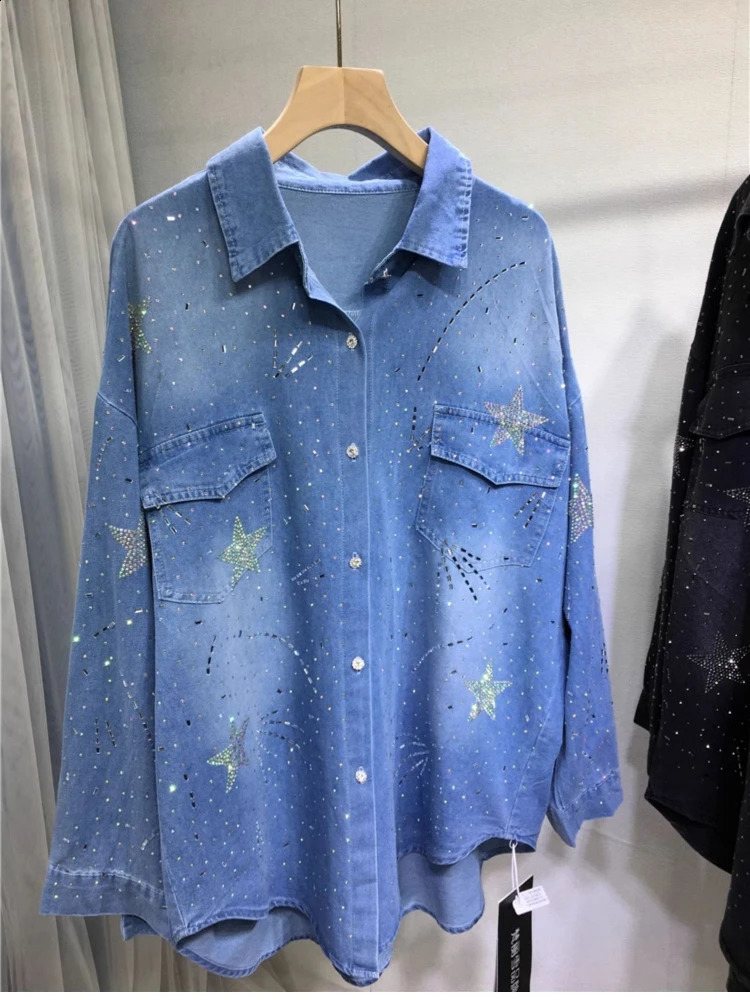 Style Sparkle Rhinestone Drilling Denim Jacket For Womens Fashion Blouses Long Sleeve Outwear Denim Top 250804
