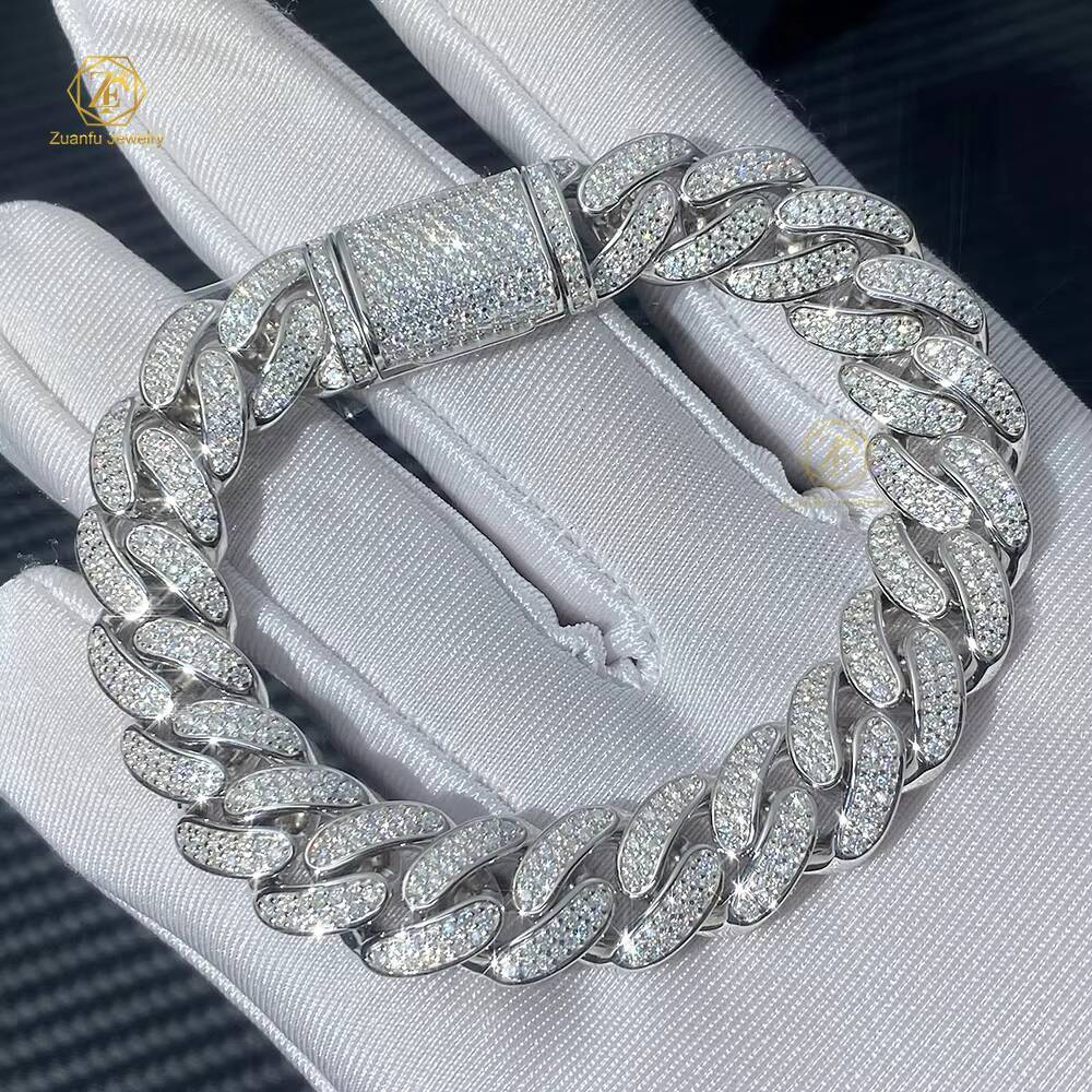 Zuanfo Jewelry Hip Hop Iced Out Miami Cuban Link 925 Sterling Silver Cuban Link Bracelet VVS Moissanite Cuban Chain