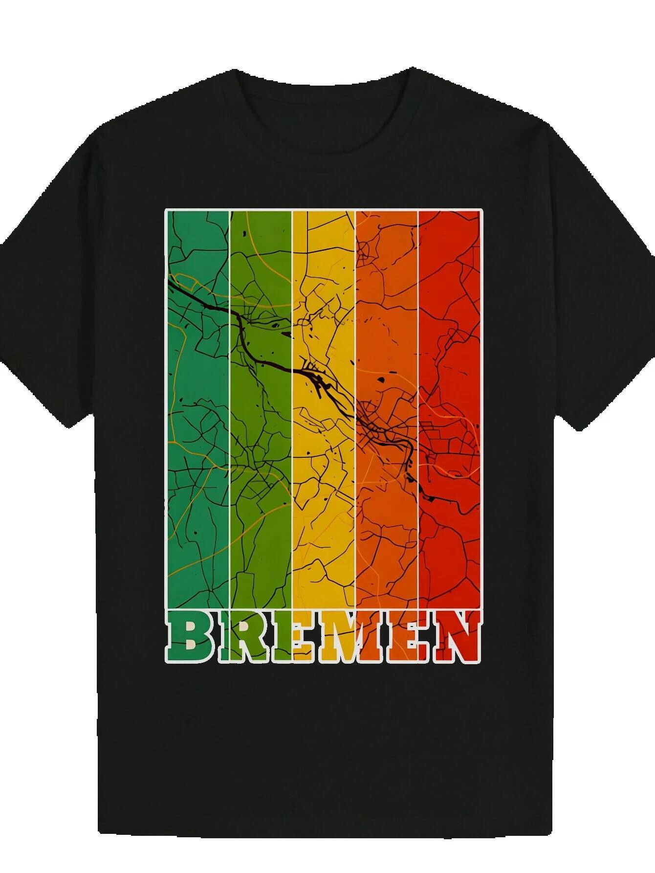 Men's Casual Pattern T-Shirt - Bright Rainbow Stripes and 'BREMEM' Text Breathable Polyester Fiber, Regular Crew Neck, Machine Washable
