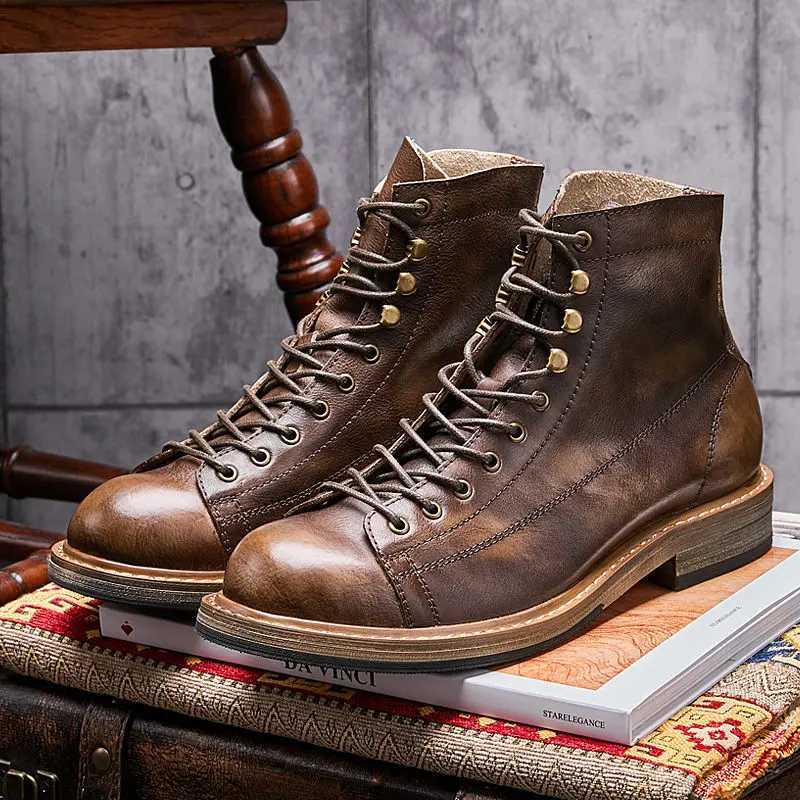 Retro Big Round Toe Mens Work Boots British Style Cool Leather Lace Up Mens Autumn Winter Casual Shoes W250811