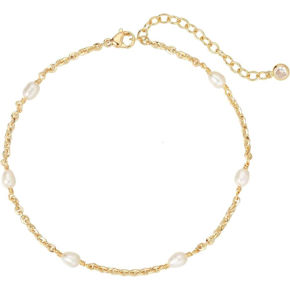 Dainty Women 14k Gold Plated Freshwater Bracelet Handmade Cute Minimalist Foot Chain White Pearl Anklet for Her Jewelry Gifts