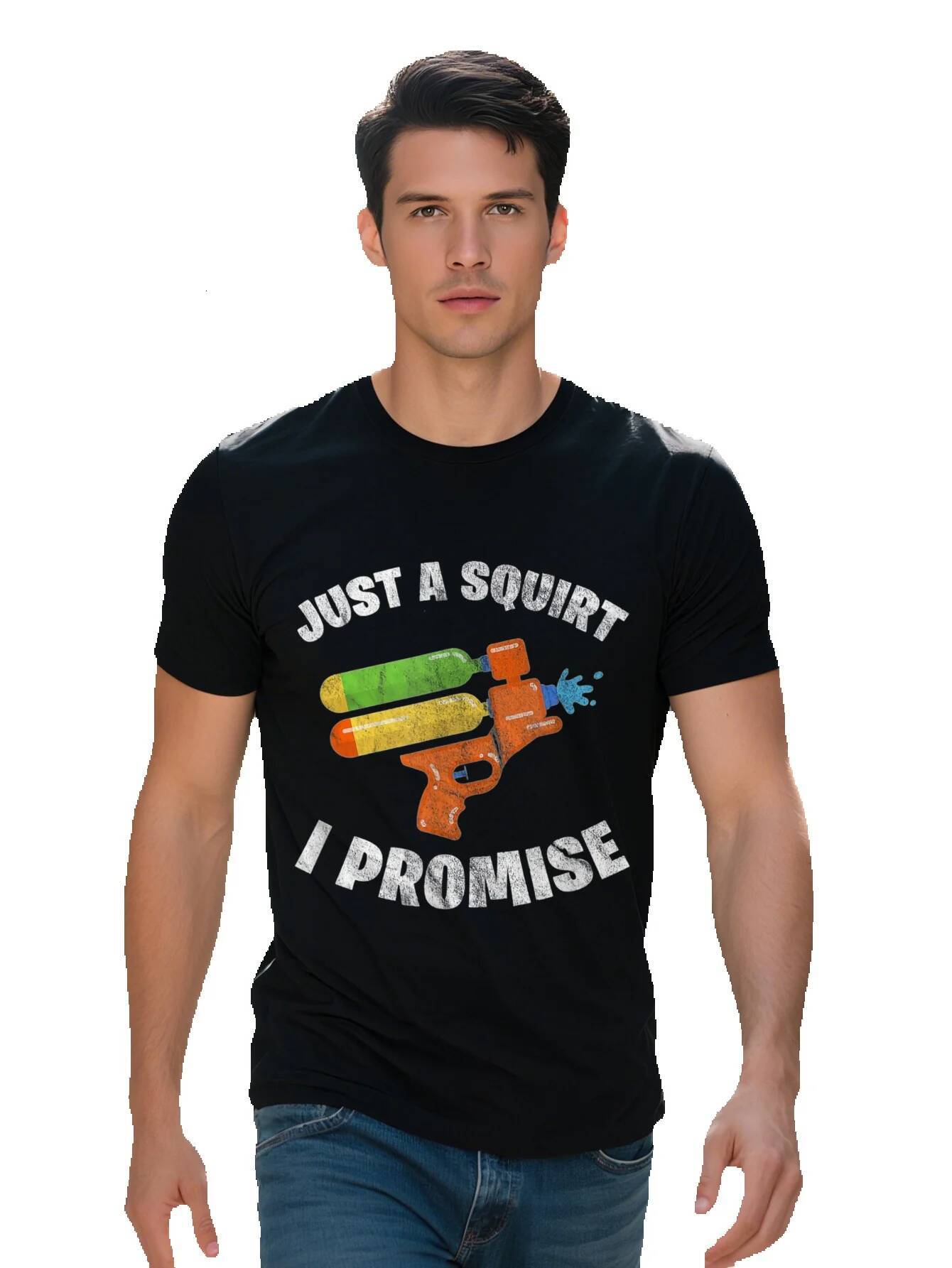 Outdoor Fun Men s Just A Squirt I Promise Funny Graphic T Shirt Cotton Short Sleeve Crew Neck in Black Cartoon 492bf eb4ae