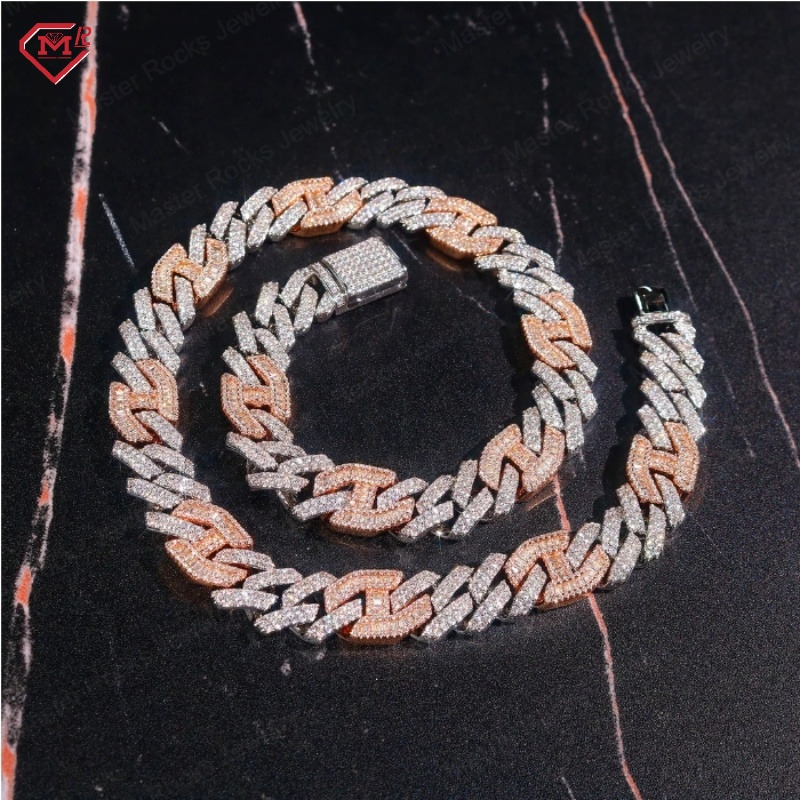Hip Hop 15MM Cuban Link Chain Two Tone 925 Silver Iced Out Charm Baguette Vvs Moissanite Cuban Chain