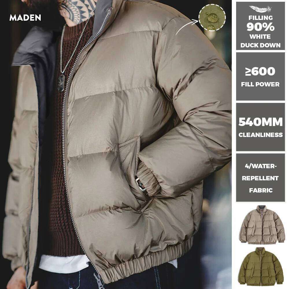 Maden Winter Reversible for Men White Duck Down Filling Versatile Stand-up Collar Warm Coat Mens Solid Color Jacket