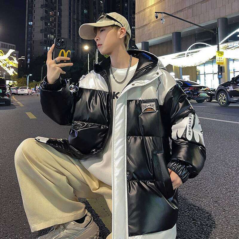 High Quality Men's Warm Bright Hooded Cotton-Padded Jackets Winter Streetwear Casual Windproof Thick Top Parkas Youth Down Coats