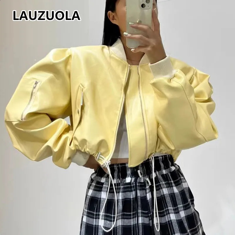 Korean Style Drawstring Loose PU Leather Cropped Jacket 2025 Autumn Winter Fashion Women Long Sleeved Motorcycle Short Coat 250811