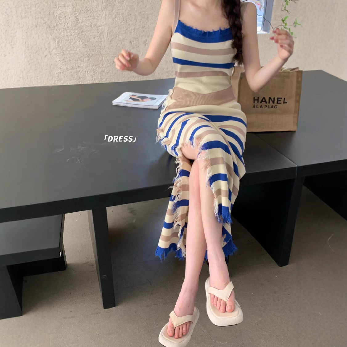 B6V145 Summer Ice Silk Long Skirt Hot Girl Striped Suspender Dress Women's Slim Fit Knitted High Waist Long Hip