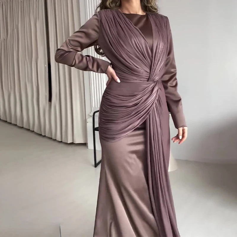 Elegant Long Sleeve High Waist Evening Dress Casual Solid Color Slim Robe Spring Autumn Womens O Neck Twisted Party 250811