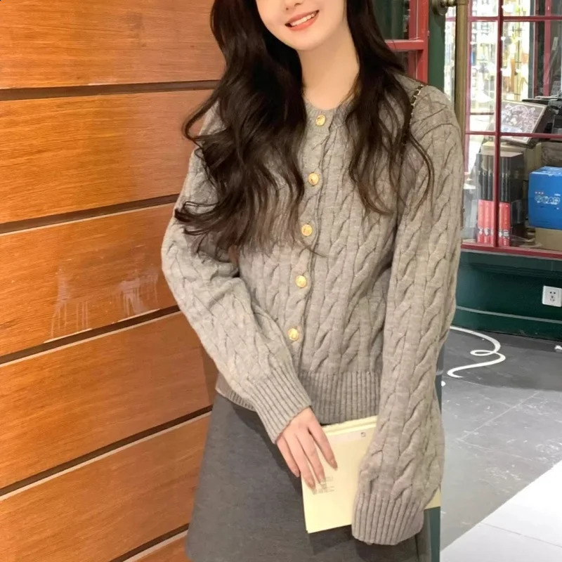 Vintage Long Sleeve Cardigan Women Sweater O-neck Elegant Knitted Top Fashion Autumn Grey Knitwear 250804