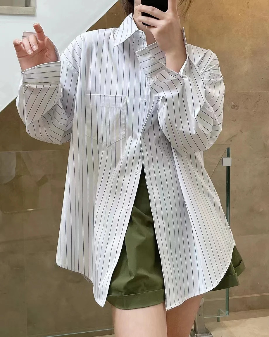 SpringSummer Womens Striped Polo Neck Long Sleeve Pocket Decoration Loose Shirt 250811