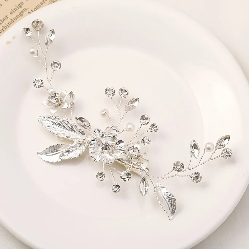 Trendy Gold Silver Color Flower Leaf Crystal Hairpin Headband Tiara Bridal Wedding Hair Accessories Headpiece Jewelry Ornaments 250804