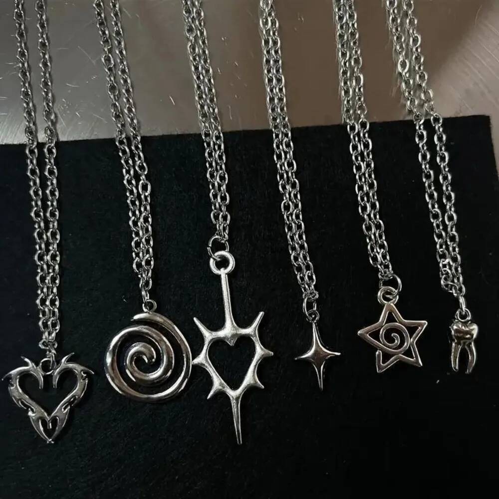 Retro Gothic Irregular Geometry Vortex Heart Star Teeth Pendant Necklace for Men Women Fashion Punk Metal Chain Jewelry Gifts