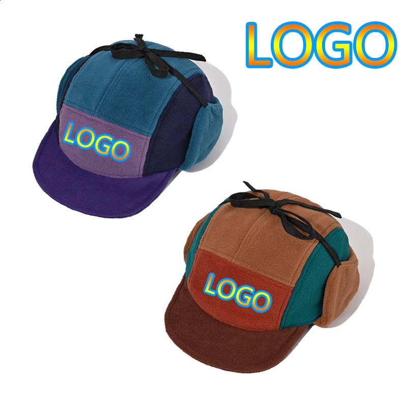 Custom Unisex Color Matching Fleece Bomber Hats Women Warm Lei Feng Hat Winter Ear Protectors Five Panel Baseball Cap 250808