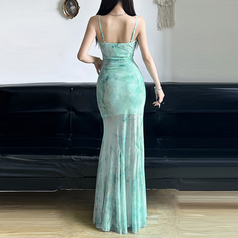 2025 Summer New Women's Spring/Summer Fresh Mint trend Green Mesh Belt Dress Lace Patch Chest High Waist Mermaid Princess Long Dress New Designer