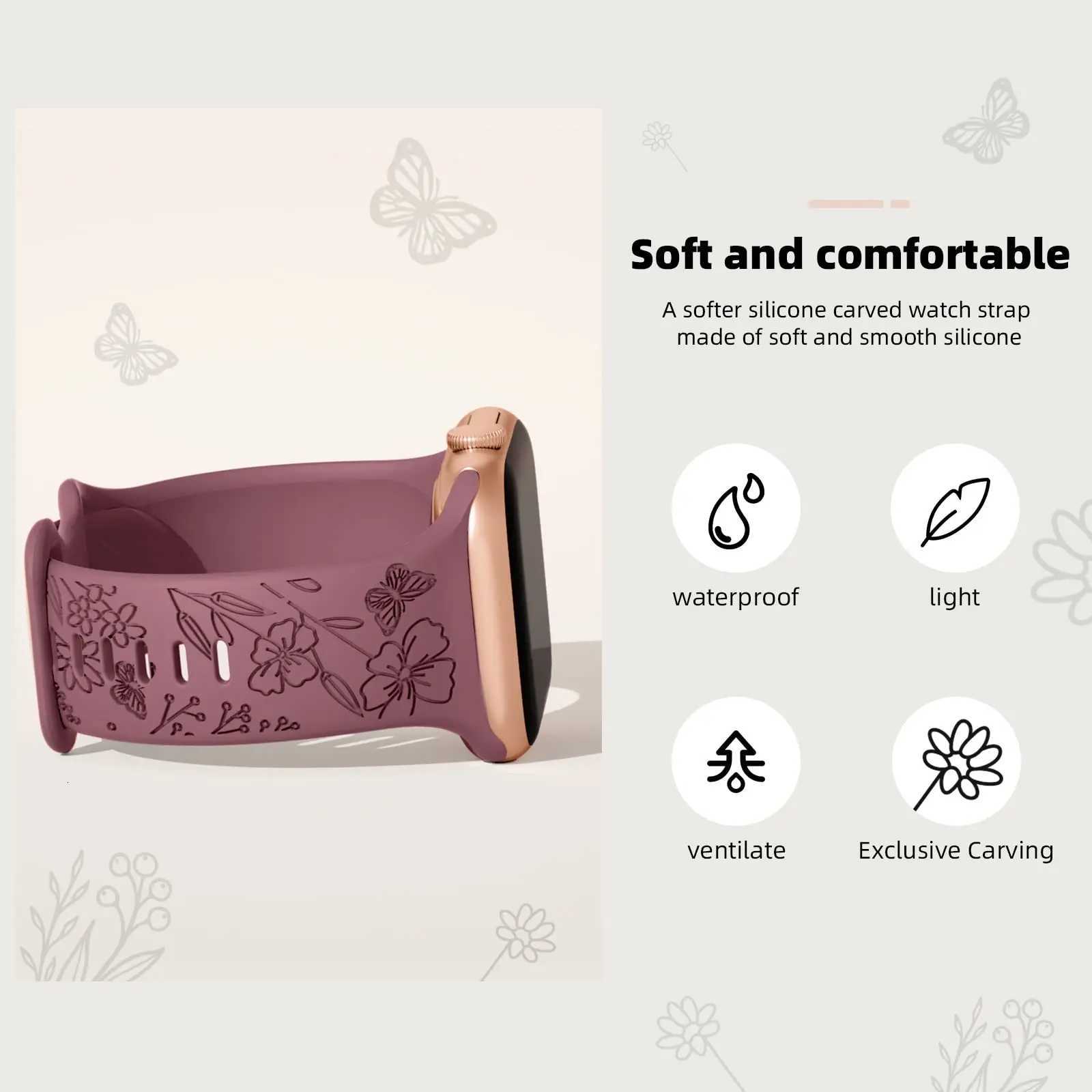 Straps For Apple Watch Band 44mm 42mm 41mm 40mm 45mm 49mm 46mm Floral Engraved Bracelet Correa Iwatch Series 10 9 7 SE 6 8 Ultra W250811