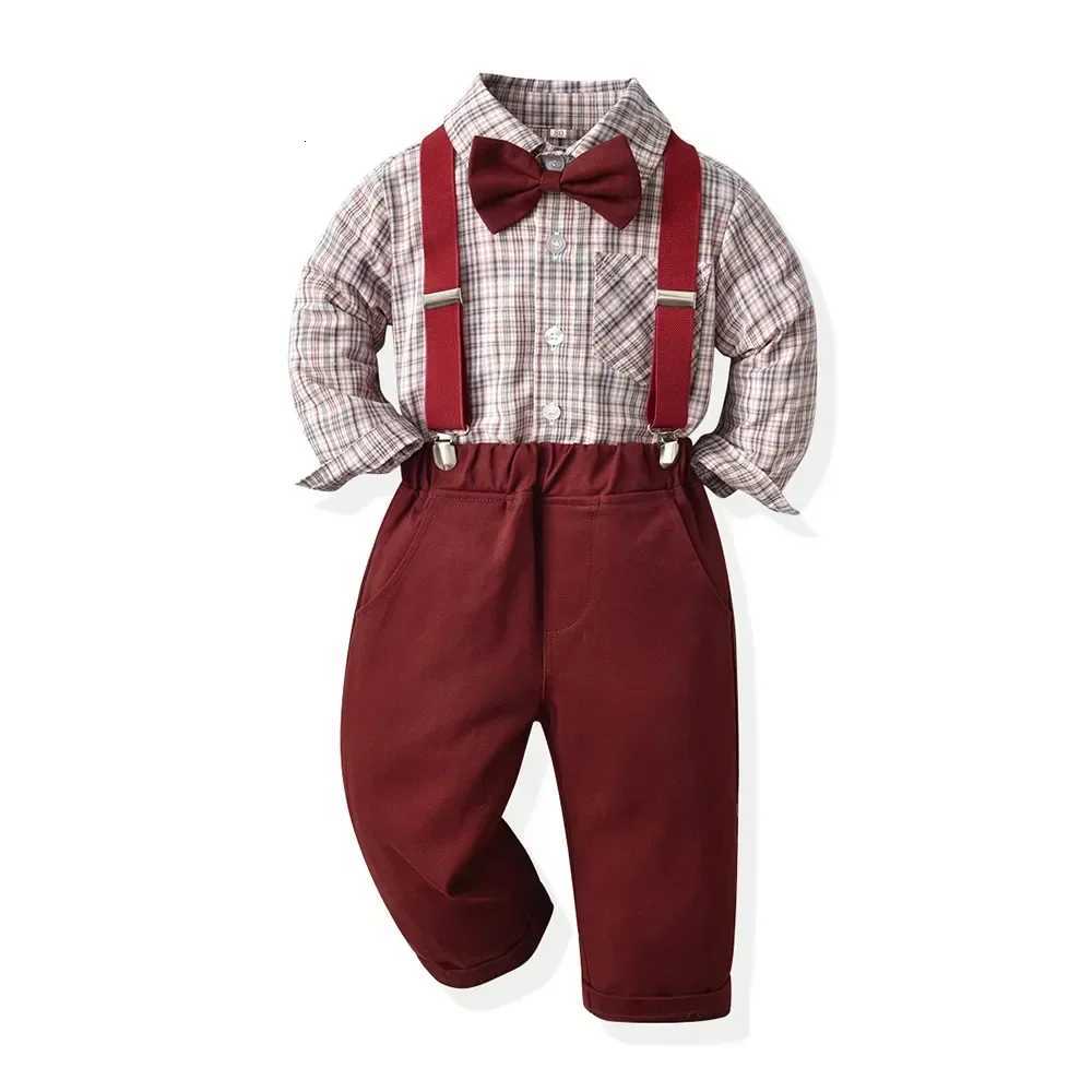 Boy Autumn Cotton Long Sleeve Plaid Shirt and Strap Pants Set Boys Strap Pants Set Boy Red Pants and Shirts for 70cm-160cm Z250811
