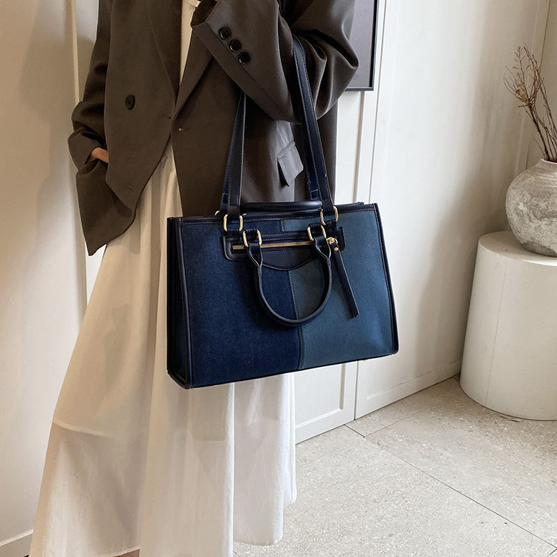 New Korean Patchwork Denim Color-Block Large Capacity Fashion Single Shoulder Crossbody Tote Bag for Women