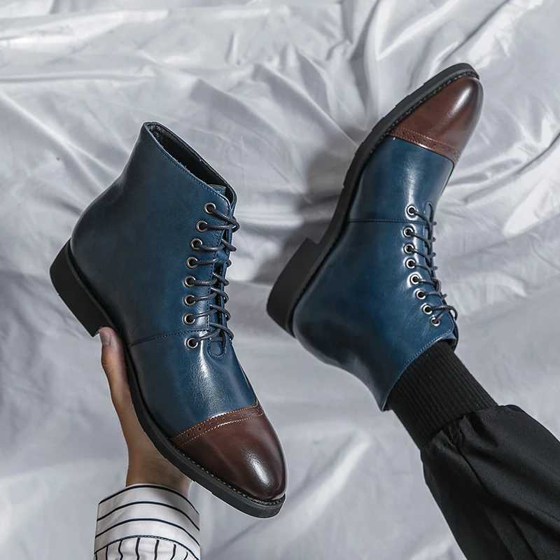 Men Short Boots Blue Fashion Handmade Men Ankle Boots Lace-up Square Toe Mixed Colors Mens Fashion Boots W250811