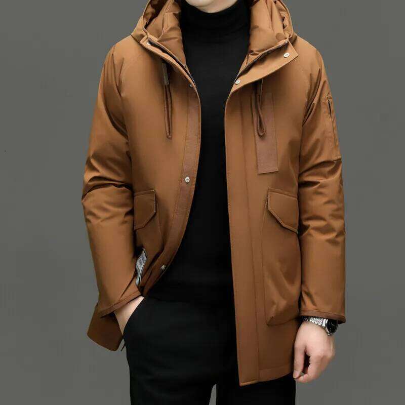 Classic 2025 Winter Men's Mid-Length White Duck Down Jacket Outdoor Windproof Wear Warm Hooded Puffer Coat Thick Clothing