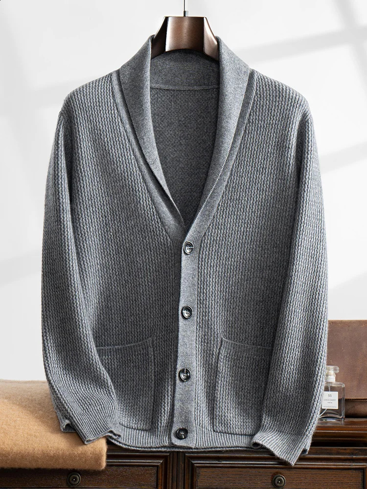 High Quality Men 100% Cashmere Sweater Winter Thick Cardigan Turn Down Collar Smart Casual Sweater Coat Warm Cashmere Knitwear 250806