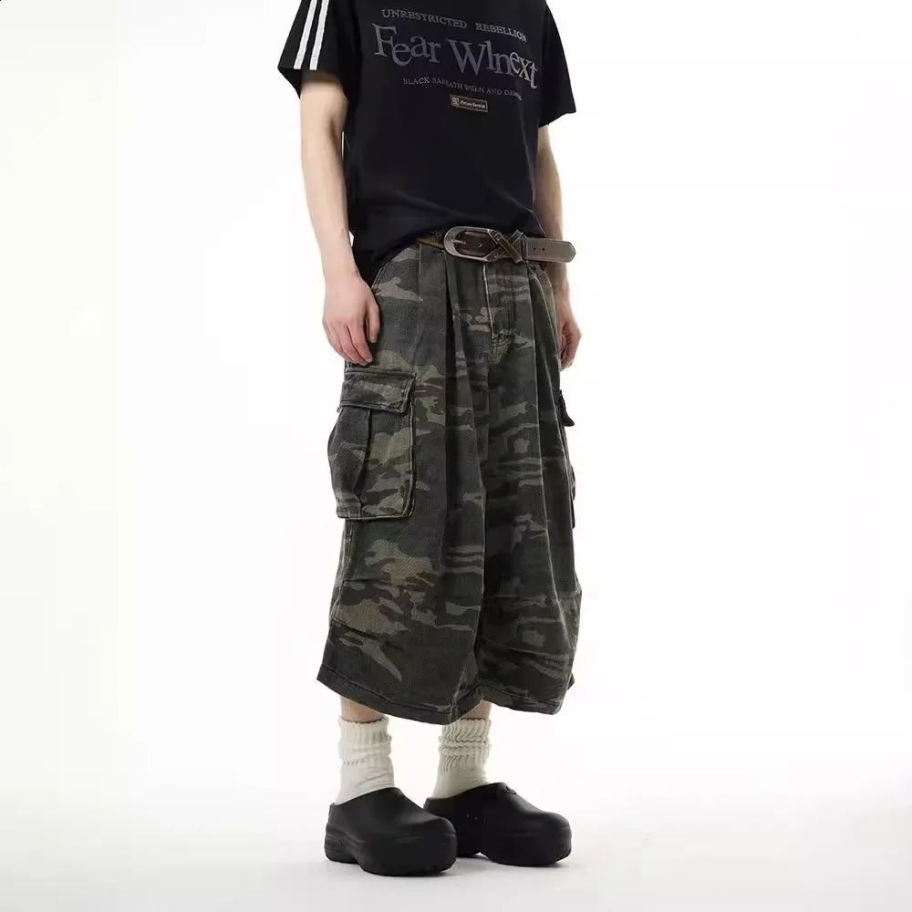 Vintage Camouflage Work Jeans Mens Loose Fit Summer Trendy Straight Leg Wide Leg Seven Point Pants Casual Streetwear 250805
