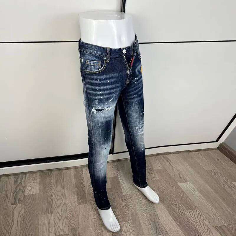 Latest designer fashion new men's jeans, washed, vintage painted embroidery, stretchy slim fit hombre