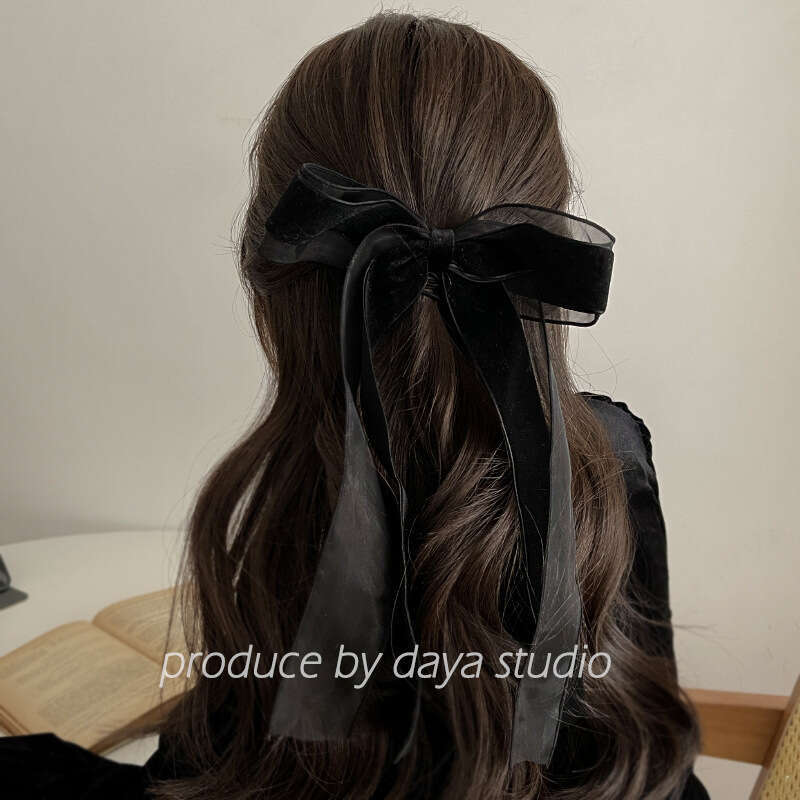 Mesh + Veet Double Layer Bow Ribbon Hair Elegant with a Touch of Fairy~French Style Hairpin Spring Clip
